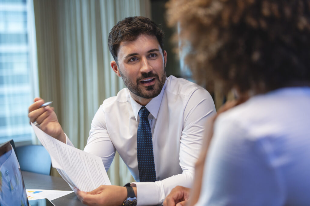 A lawyer meeting with a client.