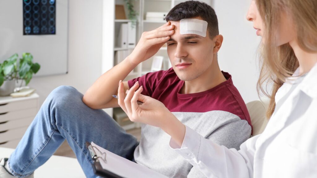 A man with a head injury seeking treatment from a doctor.