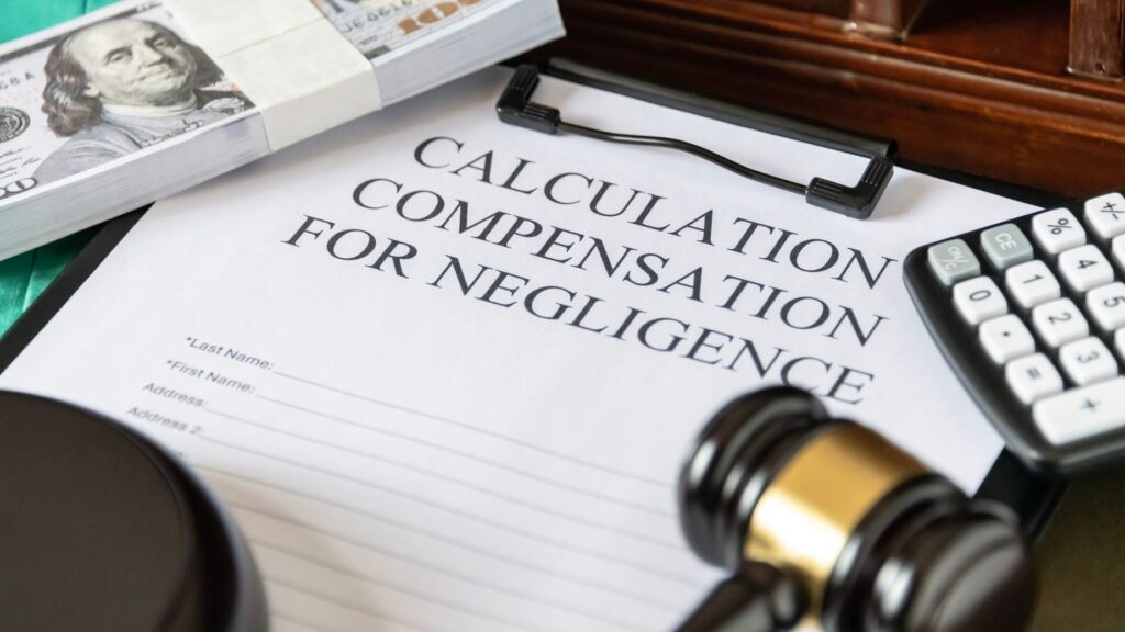 A clipboard with a paper that states "calculating compensation for negligence".