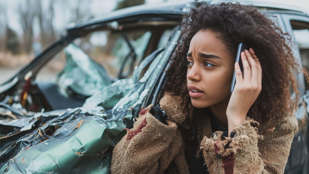A woman on the phone after getting involved in a car accident.