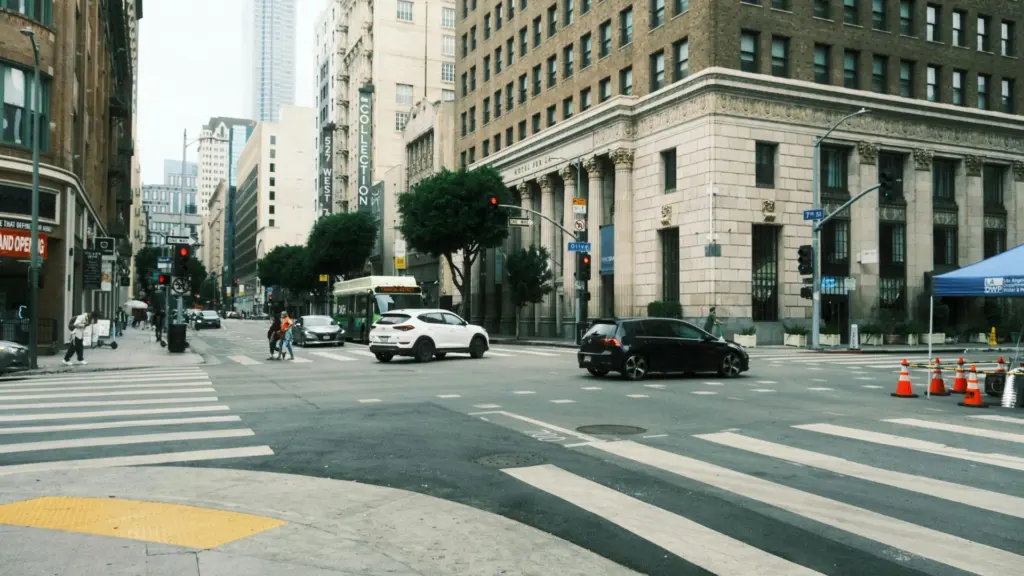 A downtown intersection.