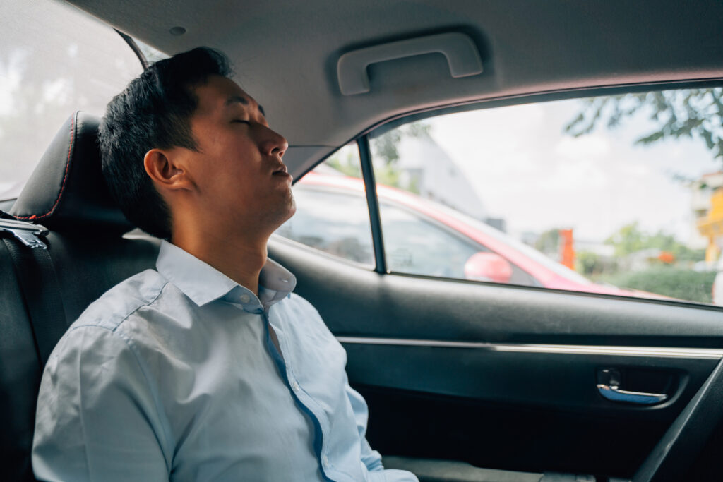 A passenger sleeping in the back of the car.